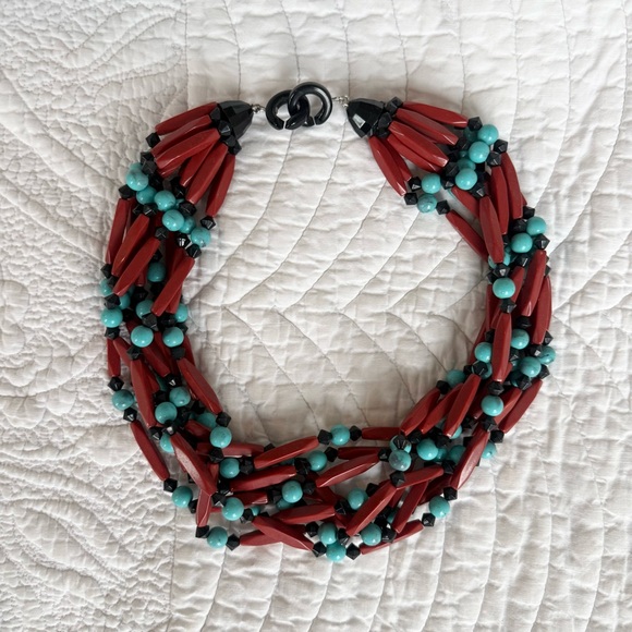 Vintage Angela Caputi - Turquoise & Red Beaded Multi-Strand Necklace